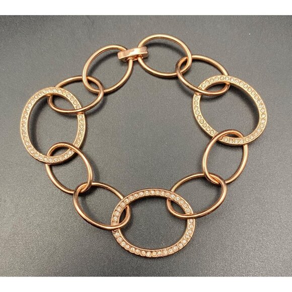 Signed Ralph Lauren Bracelet Rose Gold Tone Rhinestone Link Oval Chain 7.25" - Picture 1 of 6